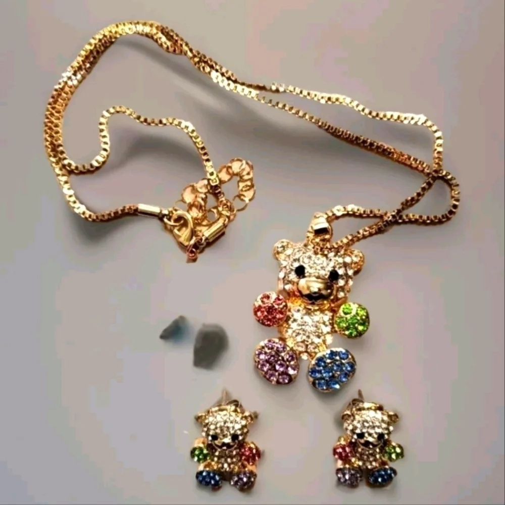 Multi Colored Austrian Crystal Teddy Bear Necklace & Earrings In Stainless Steel